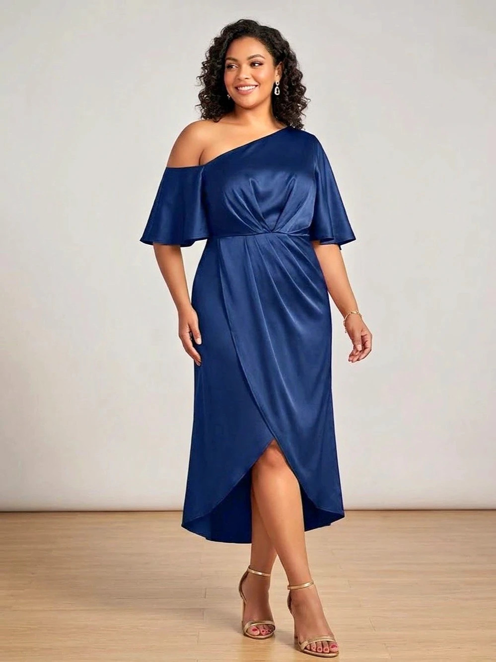 JJ's House Xylia One Shoulder Scarf Stretch Satin Midi Cocktail Dress High-Low